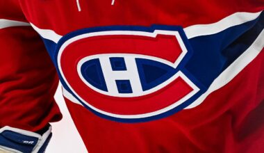 Apr 16, 2025; Montreal, Quebec, CAN; View of a Montreal Canadiens logo on a jersey worn by a member of the team in the second period at Bell Centre. Mandatory Credit: David Kirouac-Imagn Images
