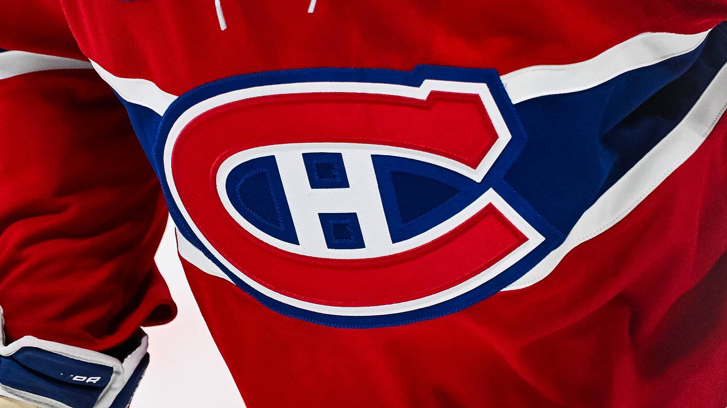 Apr 16, 2025; Montreal, Quebec, CAN; View of a Montreal Canadiens logo on a jersey worn by a member of the team in the second period at Bell Centre. Mandatory Credit: David Kirouac-Imagn Images