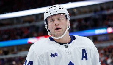 Nov 15, 2025; Chicago, Illinois, USA; Toronto Maple Leafs defenseman Morgan Rielly (44) reacts during the first period at United Center. Mandatory Credit: Kamil Krzaczynski-Imagn Images