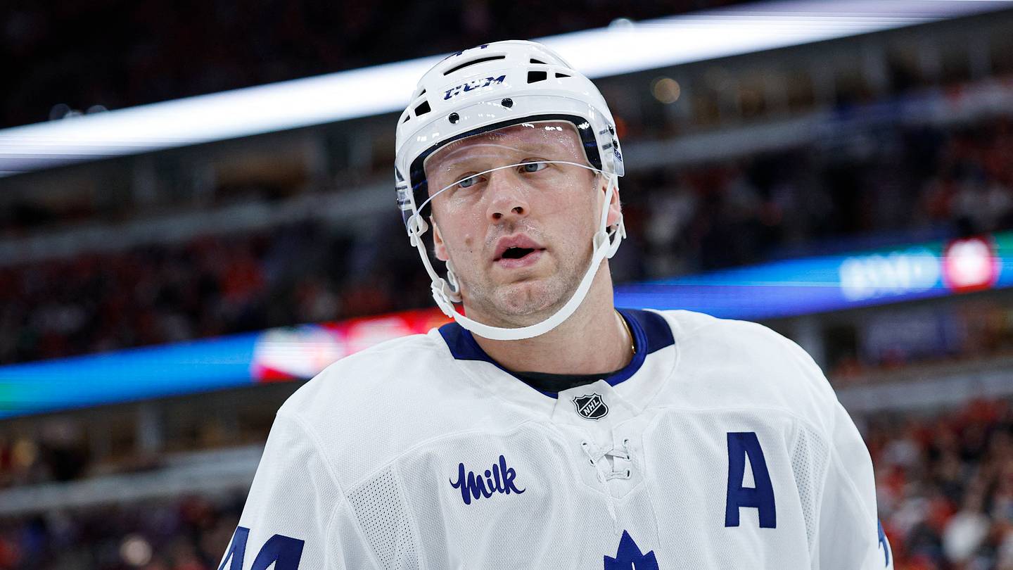 Nov 15, 2025; Chicago, Illinois, USA; Toronto Maple Leafs defenseman Morgan Rielly (44) reacts during the first period at United Center. Mandatory Credit: Kamil Krzaczynski-Imagn Images