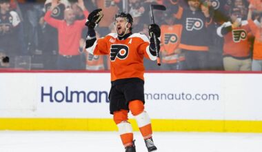 Apr 29, 2026; Philadelphia, Pennsylvania, USA; Philadelphia Flyers right wing Travis Konecny (11) reacts after game six of the first round of the 2026 Stanley Cup Playoffs against the Pittsburgh Penguins at Xfinity Mobile Arena. Mandatory Credit: Kyle Ross-Imagn Images