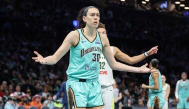Jul 7, 2026; Brooklyn, New York, USA;  New York Liberty forward Breanna Stewart (30) reacts to a call in the third quarter against the Dallas Wings at Barclays Center. Mandatory Credit: Wendell Cruz-Imagn Images