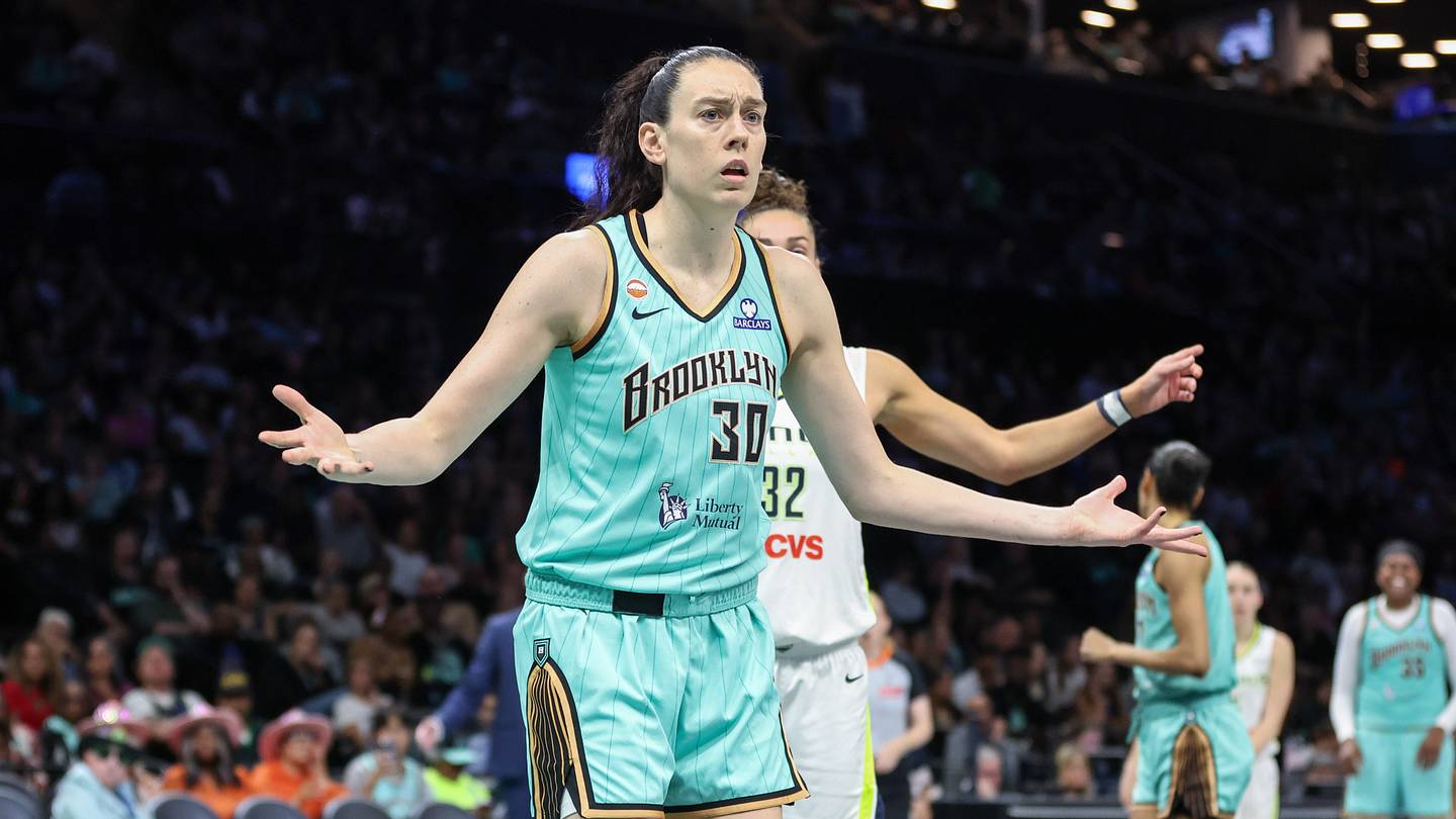 Jul 7, 2026; Brooklyn, New York, USA;  New York Liberty forward Breanna Stewart (30) reacts to a call in the third quarter against the Dallas Wings at Barclays Center. Mandatory Credit: Wendell Cruz-Imagn Images