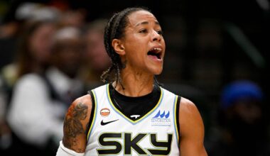 Jul 12, 2026; Dallas, Texas, USA; Chicago Sky guard Natasha Cloud (9) yells from the team bench during the second half against the Dallas Wings at the American Airlines Center. Mandatory Credit: Jerome Miron-Imagn Images