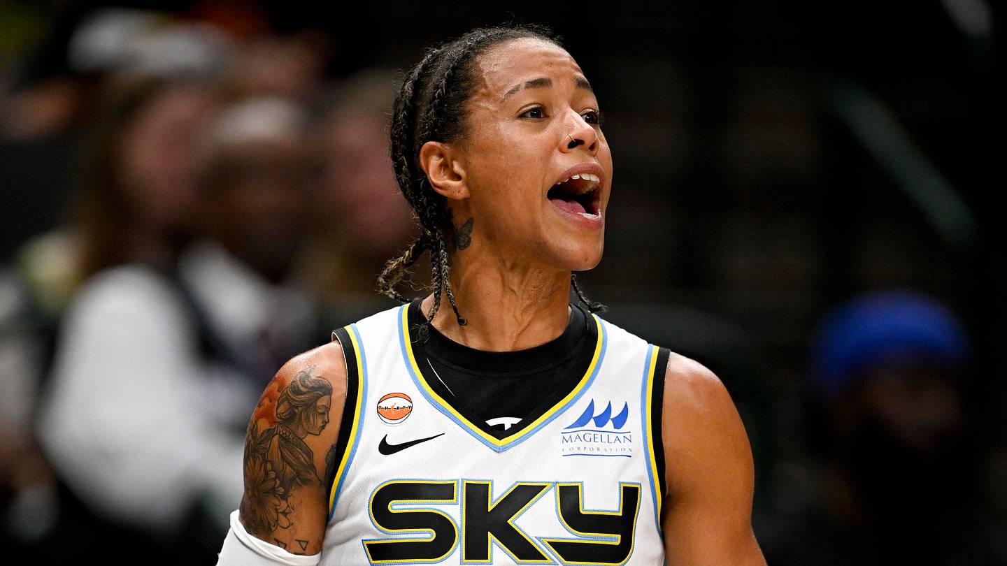 Jul 12, 2026; Dallas, Texas, USA; Chicago Sky guard Natasha Cloud (9) yells from the team bench during the second half against the Dallas Wings at the American Airlines Center. Mandatory Credit: Jerome Miron-Imagn Images