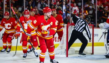 Mar 20, 2026; Calgary, Alberta, CAN; Calgary Flames left wing Joel Farabee (86) celebrates his goal with teammates against the Florida Panthers during the second period at Scotiabank Saddledome. Mandatory Credit: Sergei Belski-Imagn Images
