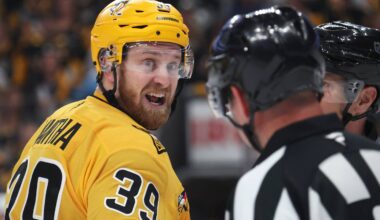 Apr 27, 2026; Pittsburgh, Pennsylvania, USA;  Pittsburgh Penguins right wing Anthony Mantha (39) reacts to the officials against the Philadelphia Flyers during the first period in game five of the first round of the 2026 Stanley Cup Playoffs at PPG Paints Arena. Mandatory Credit: Charles LeClaire-Imagn Images
