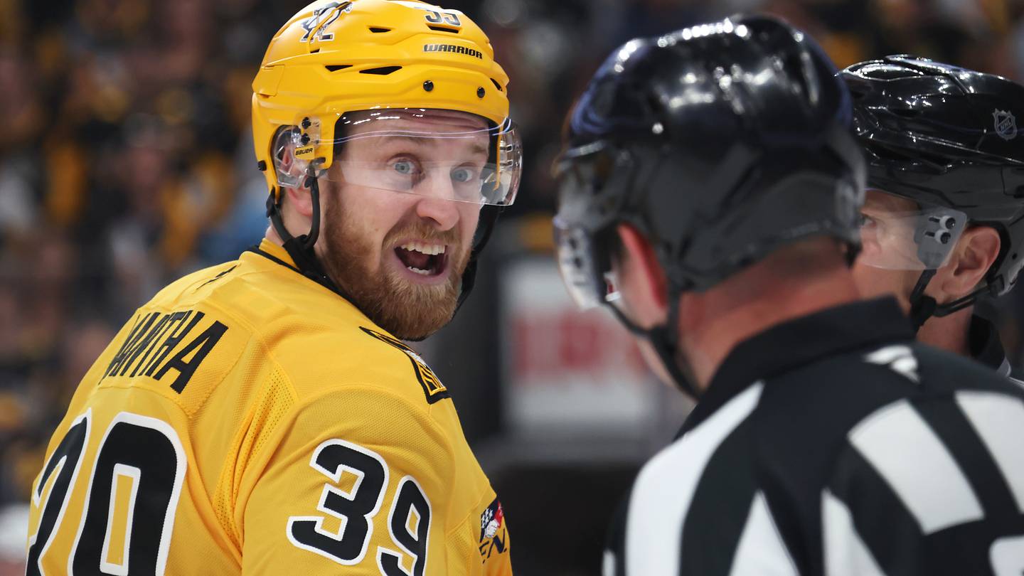 Apr 27, 2026; Pittsburgh, Pennsylvania, USA;  Pittsburgh Penguins right wing Anthony Mantha (39) reacts to the officials against the Philadelphia Flyers during the first period in game five of the first round of the 2026 Stanley Cup Playoffs at PPG Paints Arena. Mandatory Credit: Charles LeClaire-Imagn Images