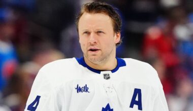 Jan 12, 2026; Denver, Colorado, USA; Toronto Maple Leafs defenseman Morgan Rielly (44) before the game against the Colorado Avalanche at Ball Arena. Mandatory Credit: Ron Chenoy-Imagn Images