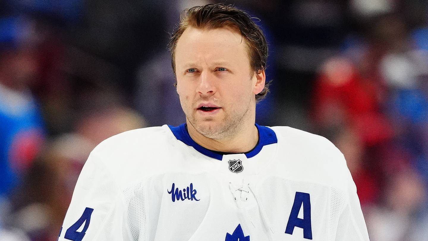 Jan 12, 2026; Denver, Colorado, USA; Toronto Maple Leafs defenseman Morgan Rielly (44) before the game against the Colorado Avalanche at Ball Arena. Mandatory Credit: Ron Chenoy-Imagn Images