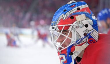 Apr 11, 2026; Montreal, Quebec, CAN; Montreal Canadiens goalie Jacob Fowler (32) stretches during the warmup before the game against the Columbus Blue Jackets at the Bell Centre. Mandatory Credit: Eric Bolte-Imagn Images