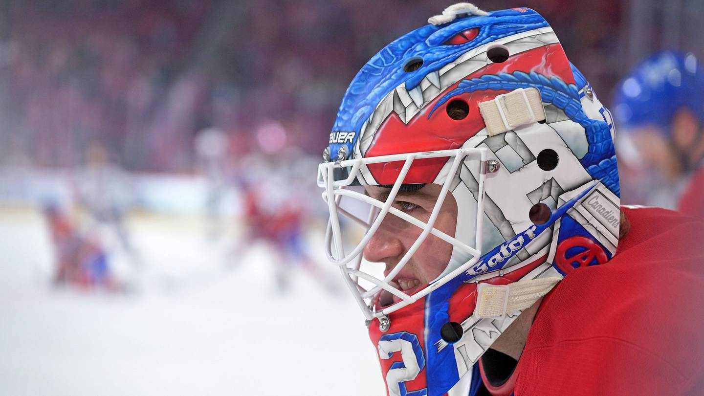 Apr 11, 2026; Montreal, Quebec, CAN; Montreal Canadiens goalie Jacob Fowler (32) stretches during the warmup before the game against the Columbus Blue Jackets at the Bell Centre. Mandatory Credit: Eric Bolte-Imagn Images