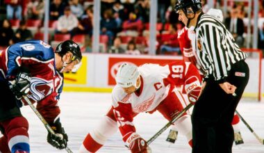 Oct 27, 1999; Detroit, MI; USA; FILE PHOTO; Detroit Red Wings forward Steve Yzerman (19) faces off against Colorado Avalanche forward Joe Sakic (19) at Joe Louis Arena. Mandatory Credit: RVR Photos-USA TODAY Sports