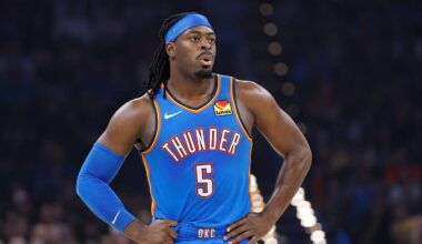 Apr 2, 2026; Oklahoma City, Oklahoma, USA; Oklahoma City Thunder guard Luguentz Dort (5) stands during Los Angeles Lakers free throw baskets during the first quarter at Paycom Center. Mandatory Credit: Alonzo Adams-Imagn Images
