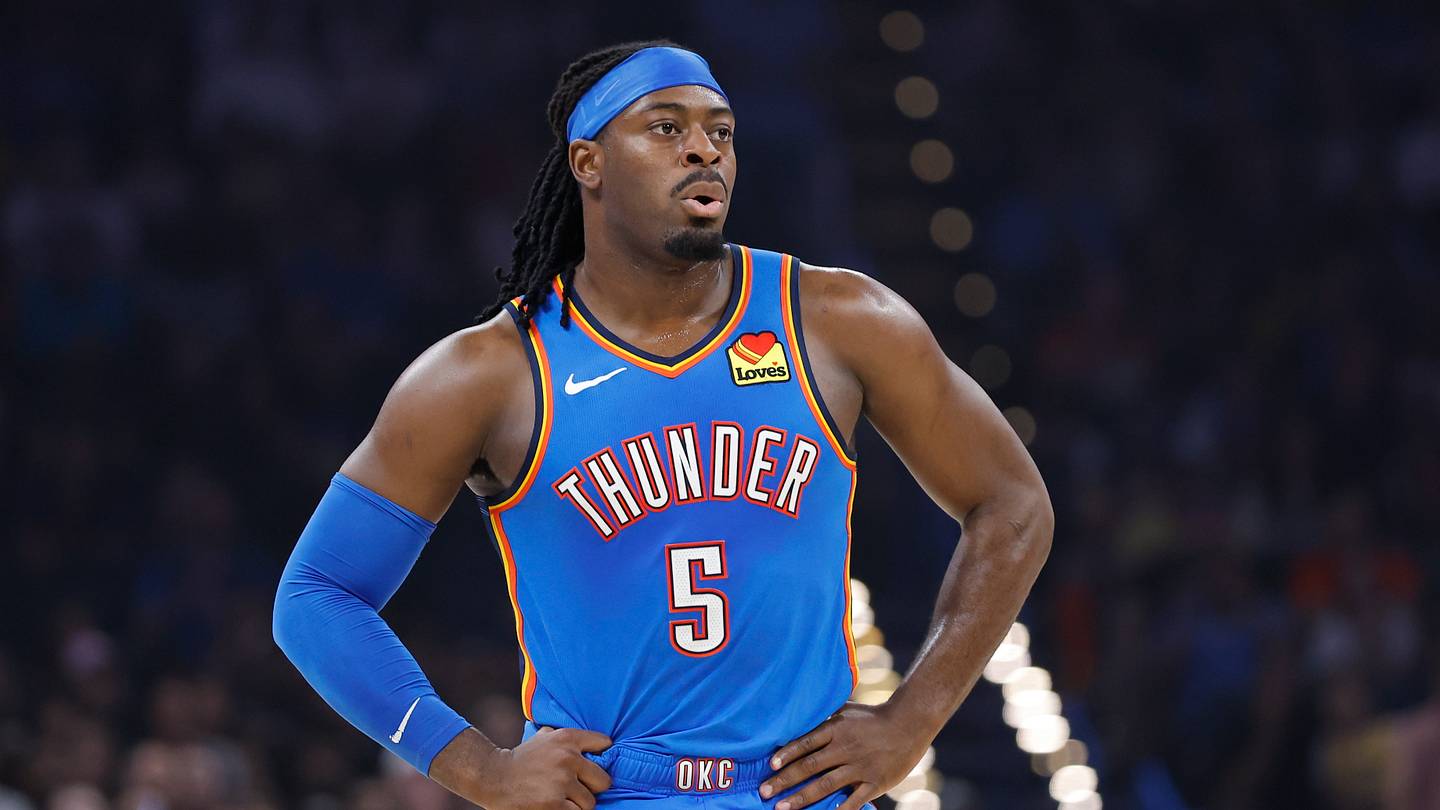Apr 2, 2026; Oklahoma City, Oklahoma, USA; Oklahoma City Thunder guard Luguentz Dort (5) stands during Los Angeles Lakers free throw baskets during the first quarter at Paycom Center. Mandatory Credit: Alonzo Adams-Imagn Images