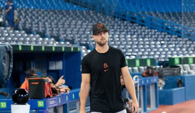 Aug 16, 2022; Toronto, Ontario, CAN; Baltimore Orioles starting pitcher Austin Voth (51) walks onto the field during batting practice against the Toronto Blue Jays at Rogers Centre. Mandatory Credit: Nick Turchiaro-USA TODAY Sports