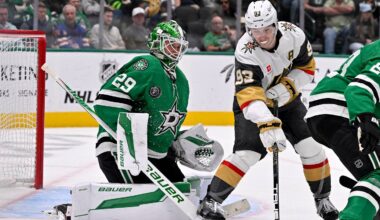 Mar 10, 2026; Dallas, Texas, USA; Vegas Golden Knights right wing Mitch Marner (93) redirects the puck on Dallas Stars goaltender Jake Oettinger (29) during the third period at the American Airlines Center. Mandatory Credit: Jerome Miron-Imagn Images