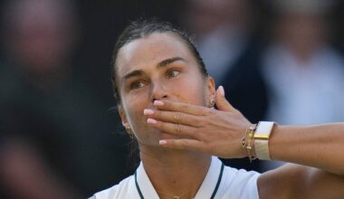 Aryna Sabalenka celebrates winning her match