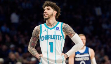 Apr 5, 2026; Minneapolis, Minnesota, USA; Charlotte Hornets guard LaMelo Ball (1) during a stoppage in the first quarter against the Minnesota Timberwolves at Target Center. Mandatory Credit: Matt Blewett-Imagn Images