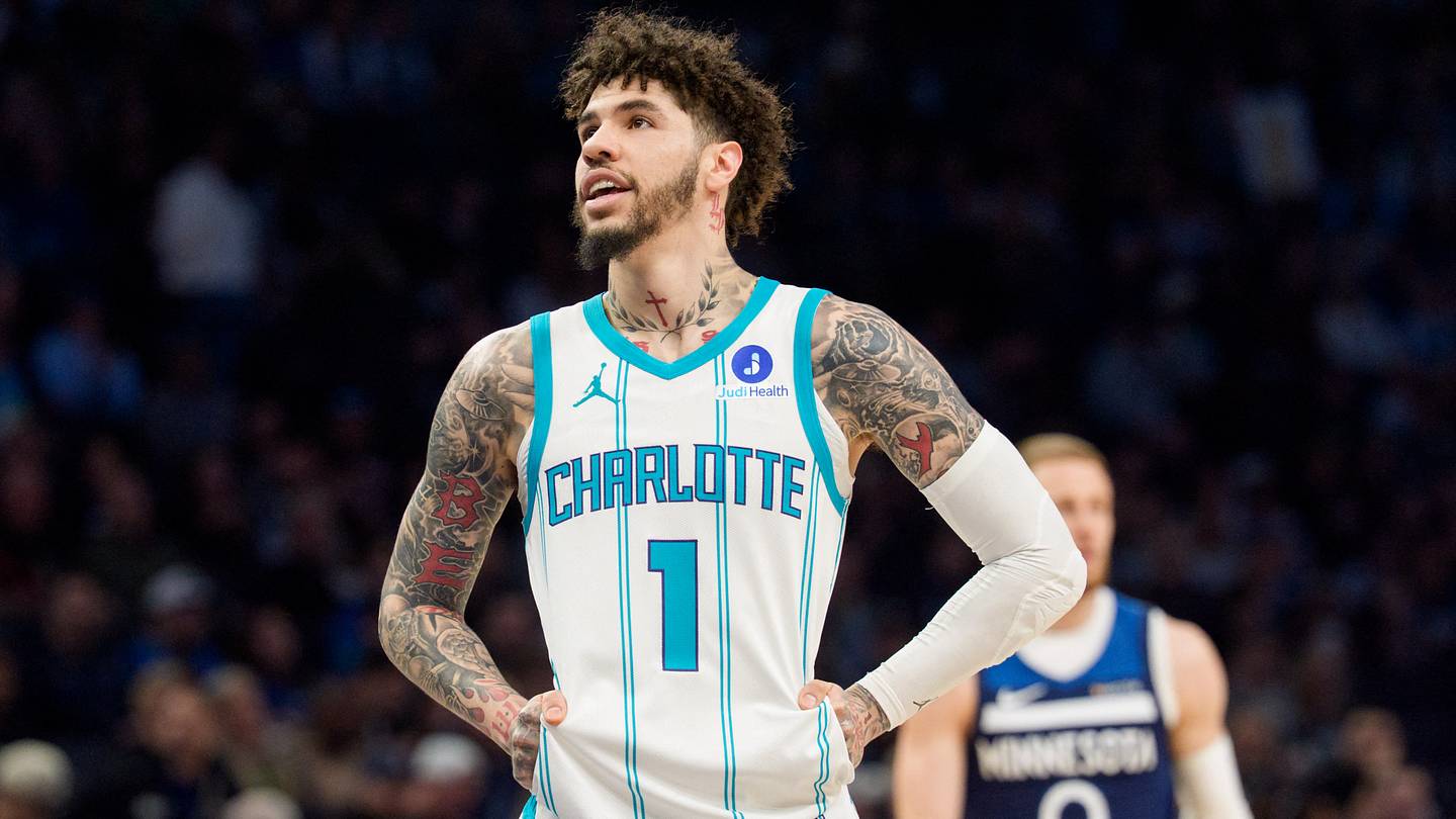 Apr 5, 2026; Minneapolis, Minnesota, USA; Charlotte Hornets guard LaMelo Ball (1) during a stoppage in the first quarter against the Minnesota Timberwolves at Target Center. Mandatory Credit: Matt Blewett-Imagn Images