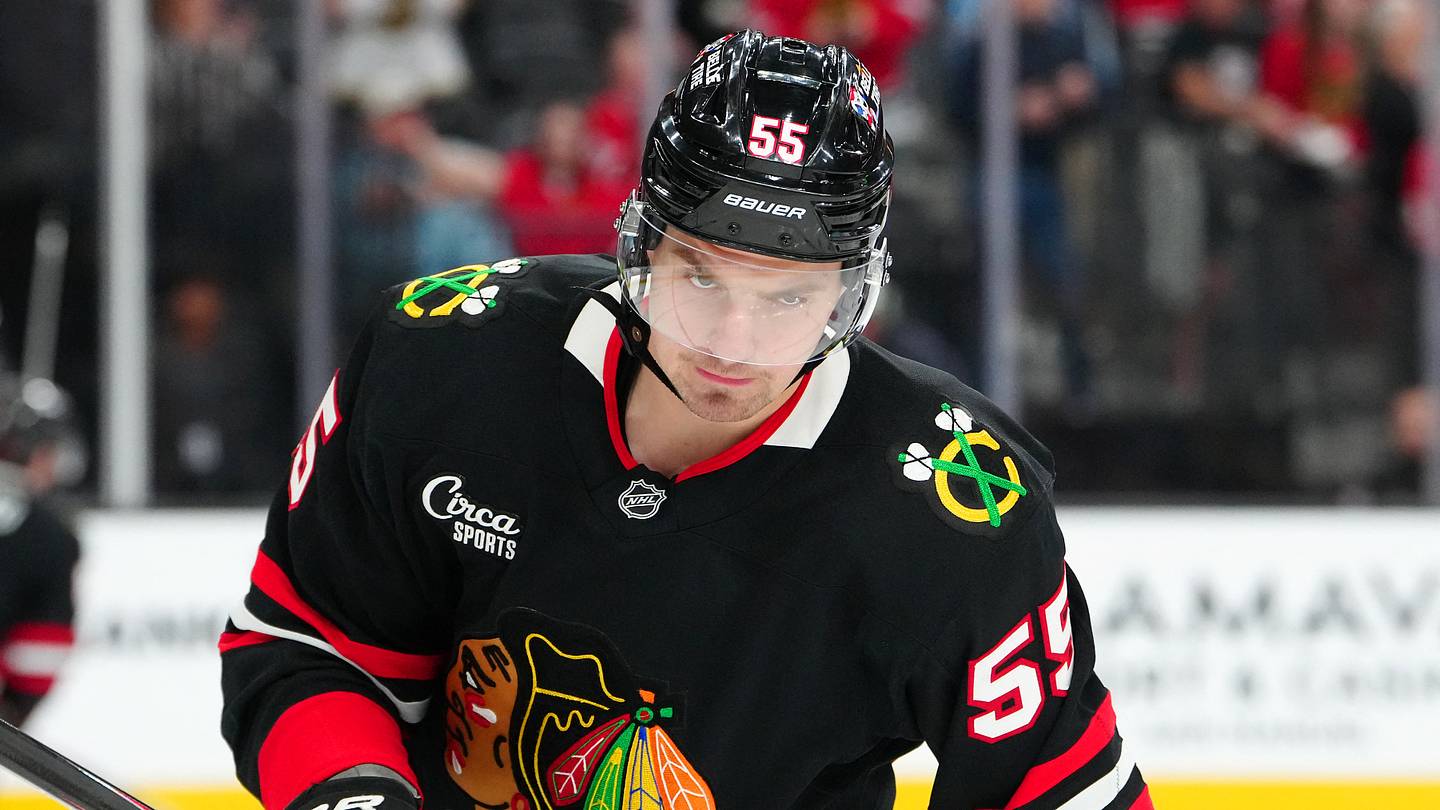 Mar 14, 2026; Las Vegas, Nevada, USA; Chicago Blackhawks defenseman Artyom Levshunov (55) warms up before a game against the Vegas Golden Knights at T-Mobile Arena. Mandatory Credit: Stephen R. Sylvanie-Imagn Images