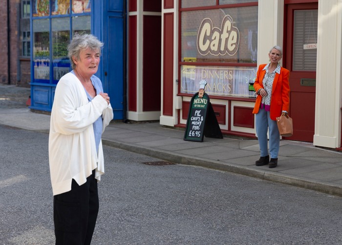 03_08_coro_sadie_sienna_01 Debbie approaches Sadie in a scene from Coronation Street