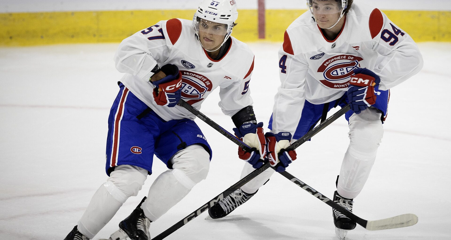 Canadiens defence prospect Bryce Pickford, right, battles Donato Bracco during the team's development camp in Brossard on July 2, 2025.