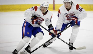 Canadiens defence prospect Bryce Pickford, right, battles Donato Bracco during the team's development camp in Brossard on July 2, 2025.