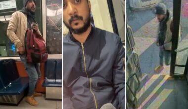 Composite images show a man in a jacket, toque and backpack on a métro car, a closeup of him on a métro car and the man entering a bus.