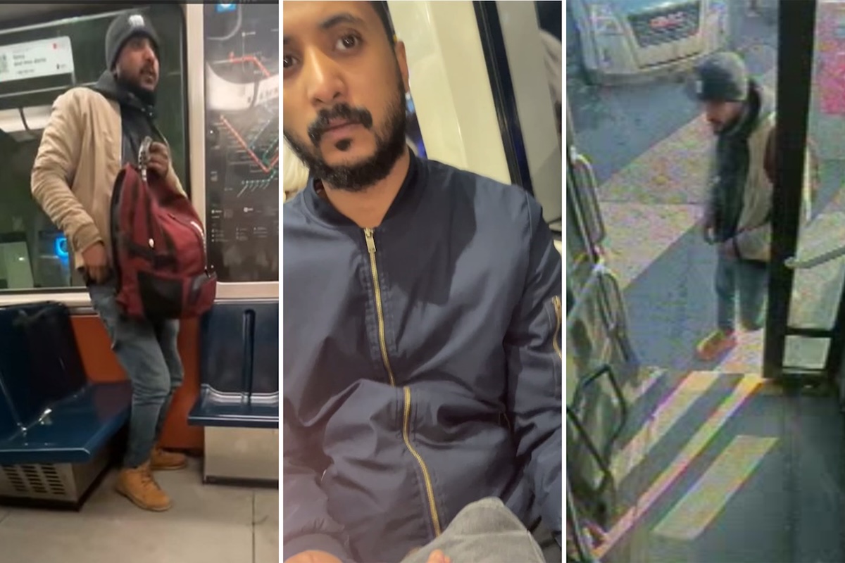 Composite images show a man in a jacket, toque and backpack on a métro car, a closeup of him on a métro car and the man entering a bus.
