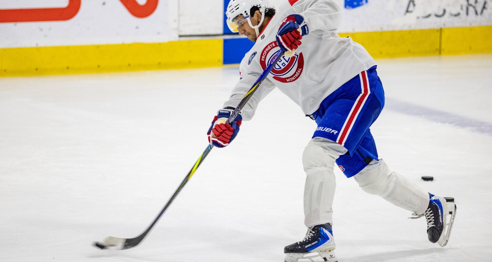 Canadiens prospect Michael Hage fires a shot during team's development camp in Brossard on Wednesday.