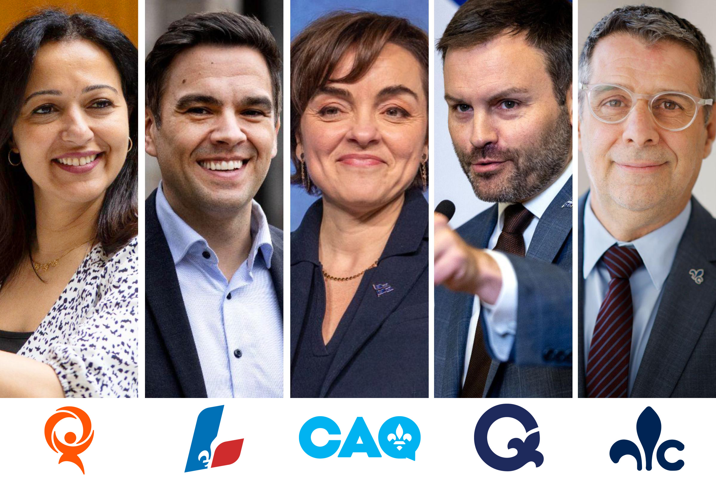 compilation of head shots of 5 main Quebec party leaders ahead of 2026 election