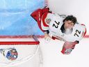 Sergei Bobrovsky of the Florida Panthers spits water prior to a game against the New York Islanders earlier this year.