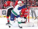 Teddy Blueger of the Vancouver Canucks celebrates after scoring a goal against the Chicago Blackhawks earlier this year.