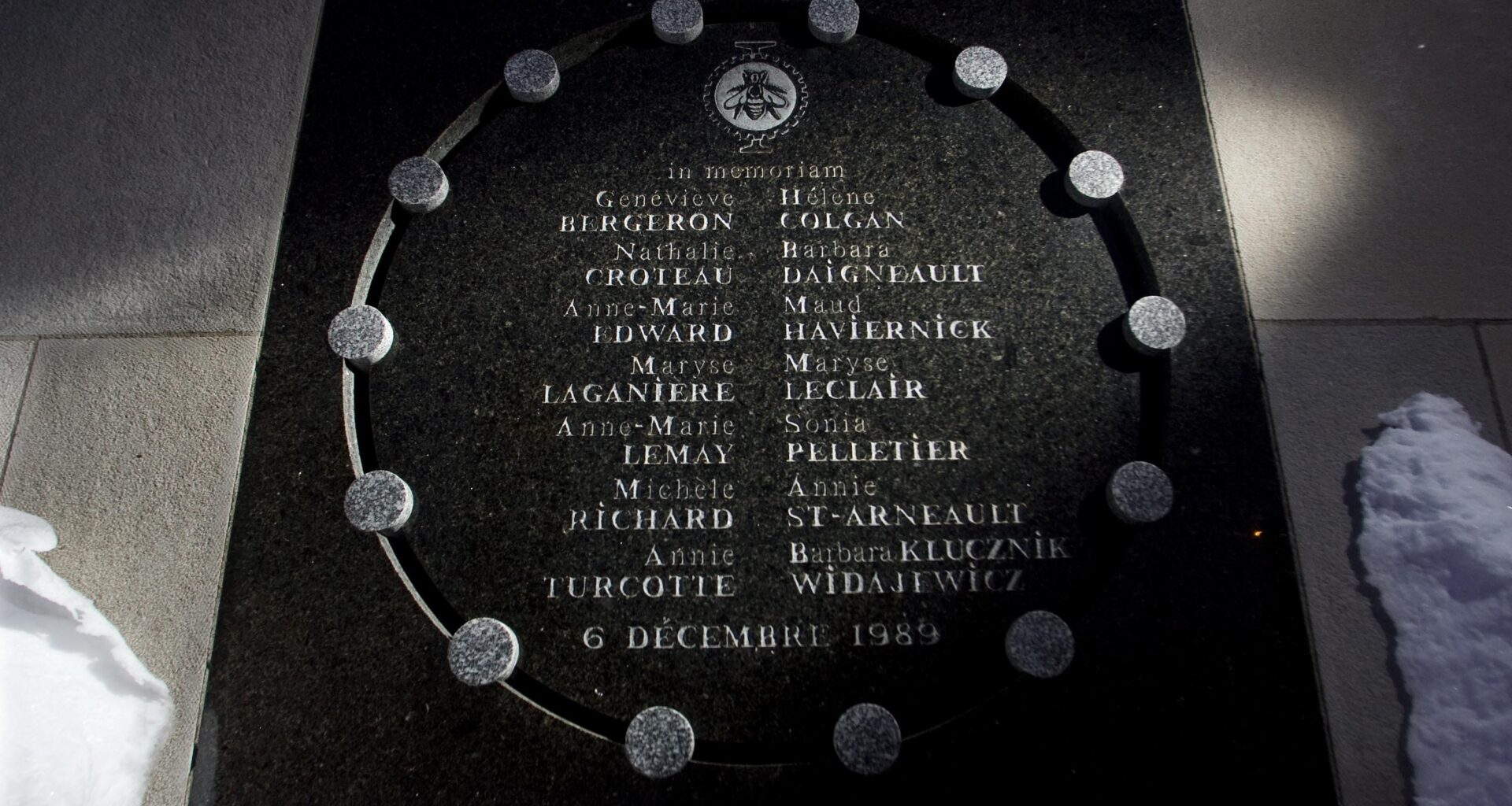 A memorial lists the 14 women murdered in the École Polytechnique massacre