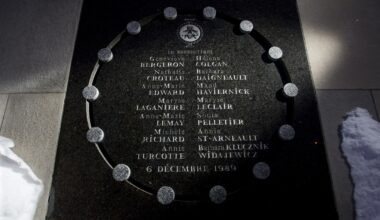 A memorial lists the 14 women murdered in the École Polytechnique massacre