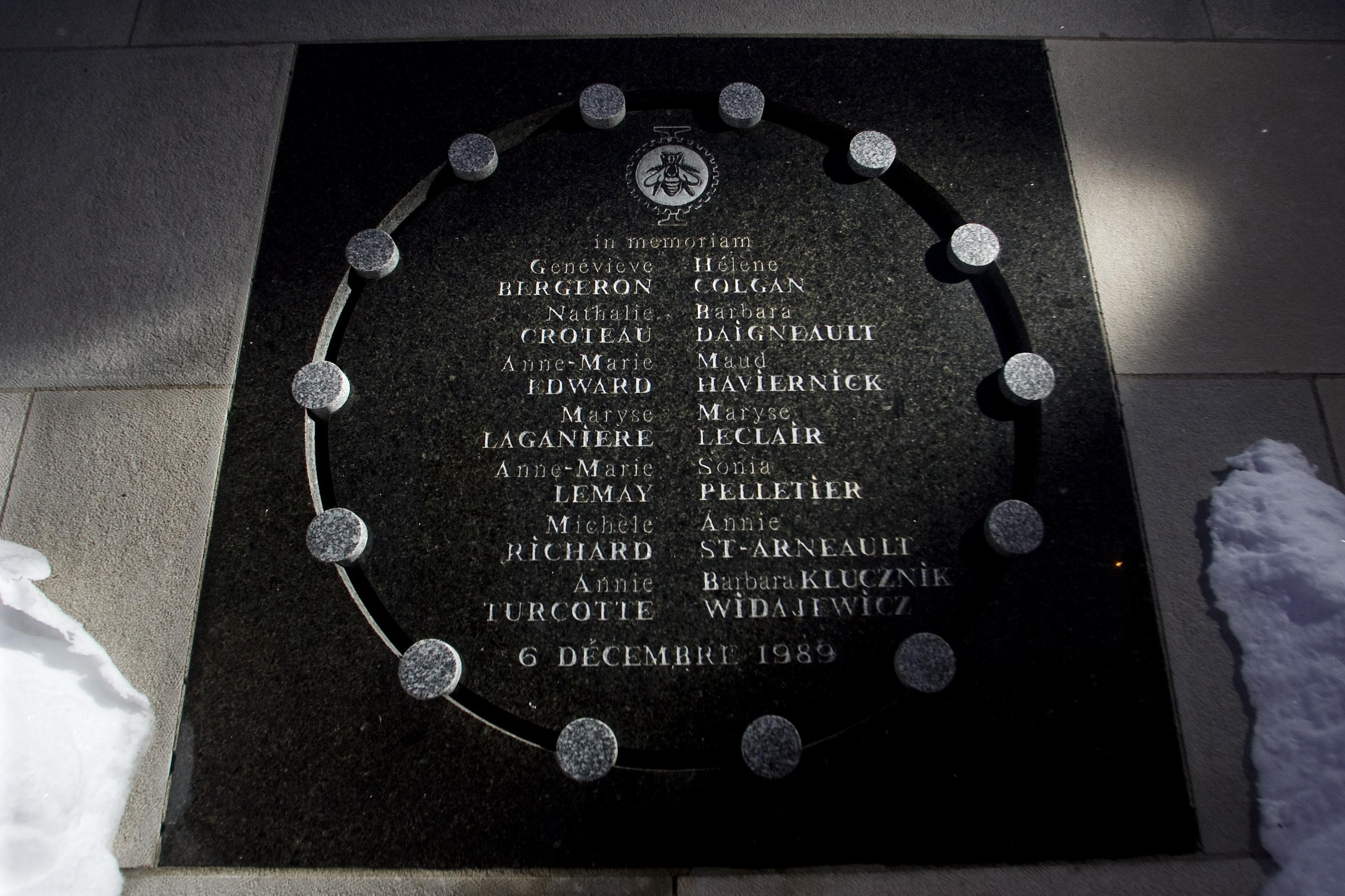 A memorial lists the 14 women murdered in the École Polytechnique massacre