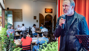 Split screen of an Iranian restaurants with all its windows open and filmmaker Denis Villeneuve.