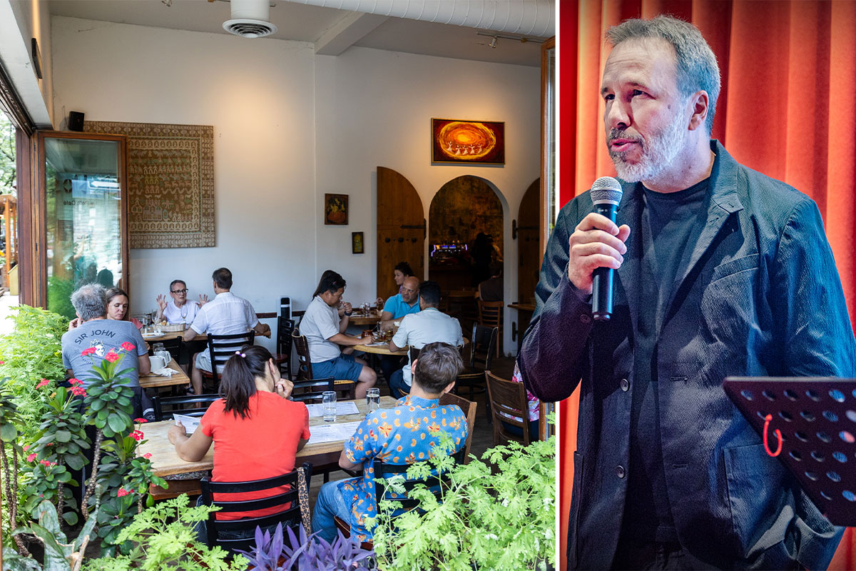Split screen of an Iranian restaurants with all its windows open and filmmaker Denis Villeneuve.