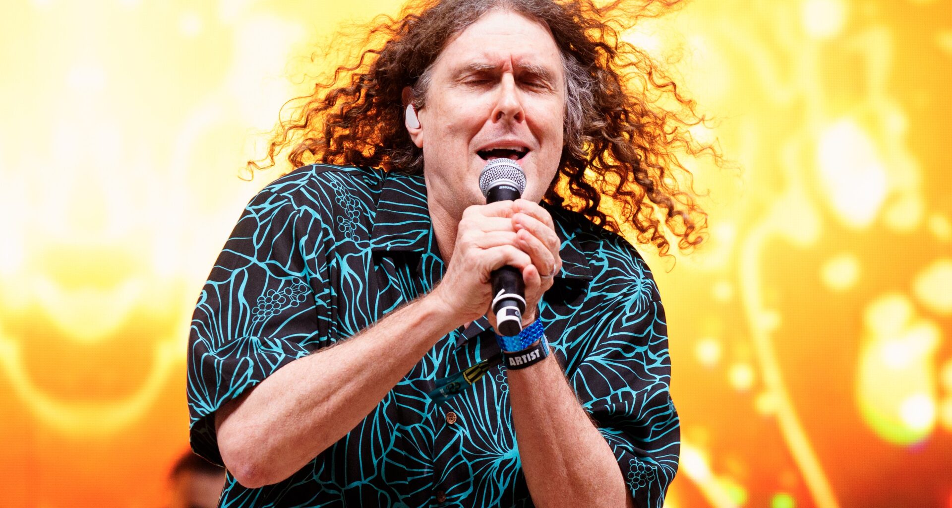 "Weird Al" Yankovic performing with a golden backdrop.