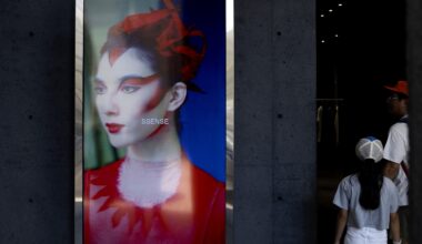 A digital display screen outside Ssense store in Montreal