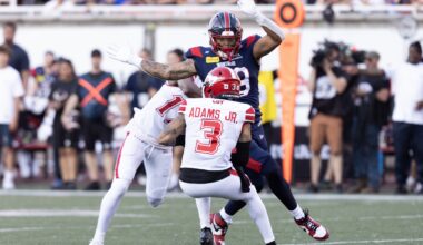 Alouettes defensive-lineman David Perales pressures Stampeders quarterback Vernon Adams Jr.