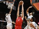 Nate Bittle of the Toronto Raptors drives to the basket during the game against the Indiana Pacers during the 2026 NBA Las Vegas Summer League.