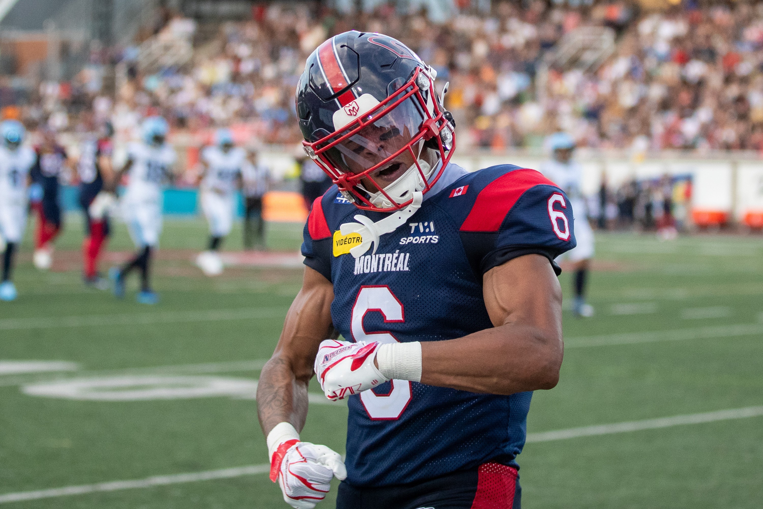 Alouettes' Tyson Philpot celebrates a catch during first half against the Toronto Argonauts in Montreal on June 12.