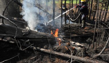 Firefighters battle a wildfire in Quebec.