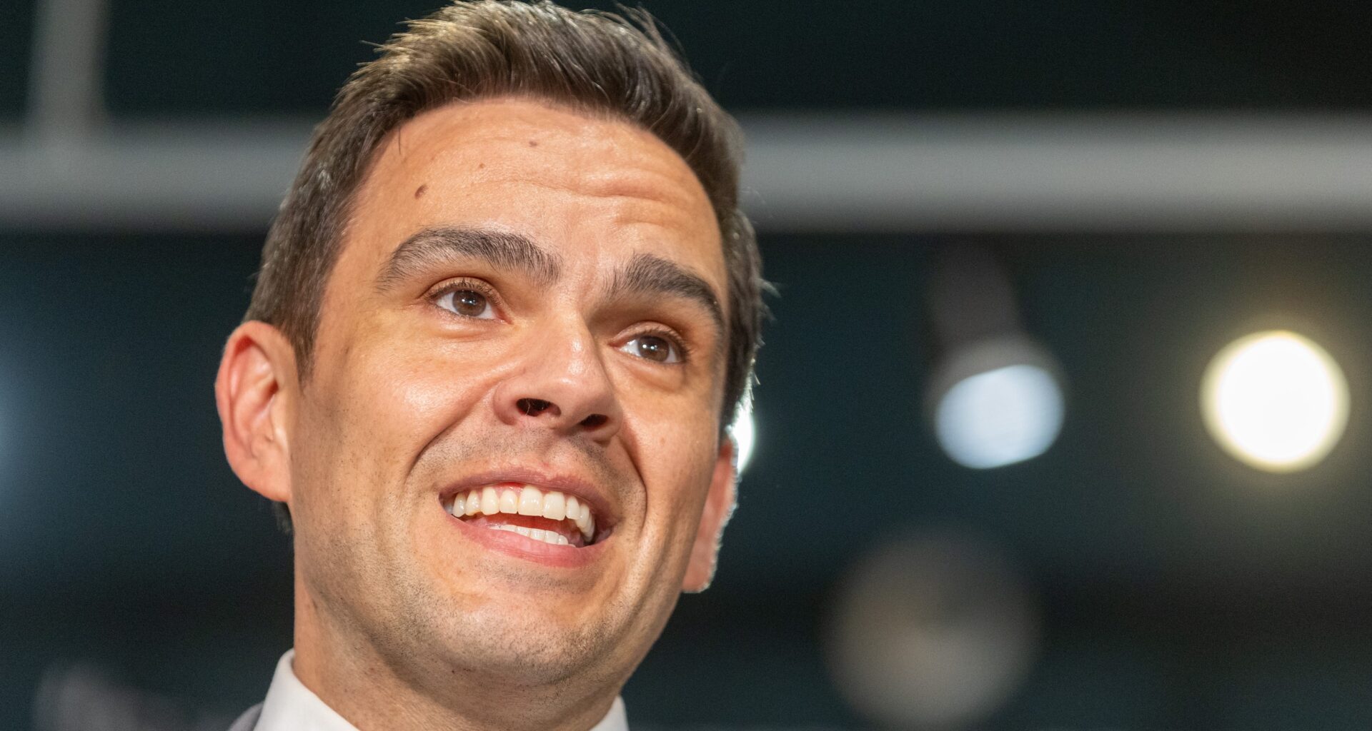 head and shoulders photo of Quebec Liberal Leader Charles Milliard giving a news conference