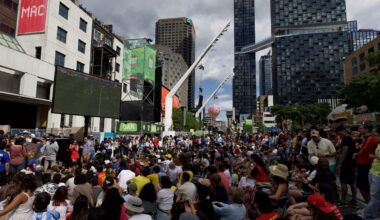 Fans watch an outdoor screening of the FIFA World Cup final between Spain and Argentina, at Place des Festivals in Montreal