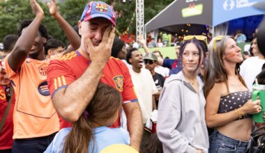 Fans watch an outdoor screening of the FIFA World Cup final between Spain and Argentina, at Place des Festivals in Montreal