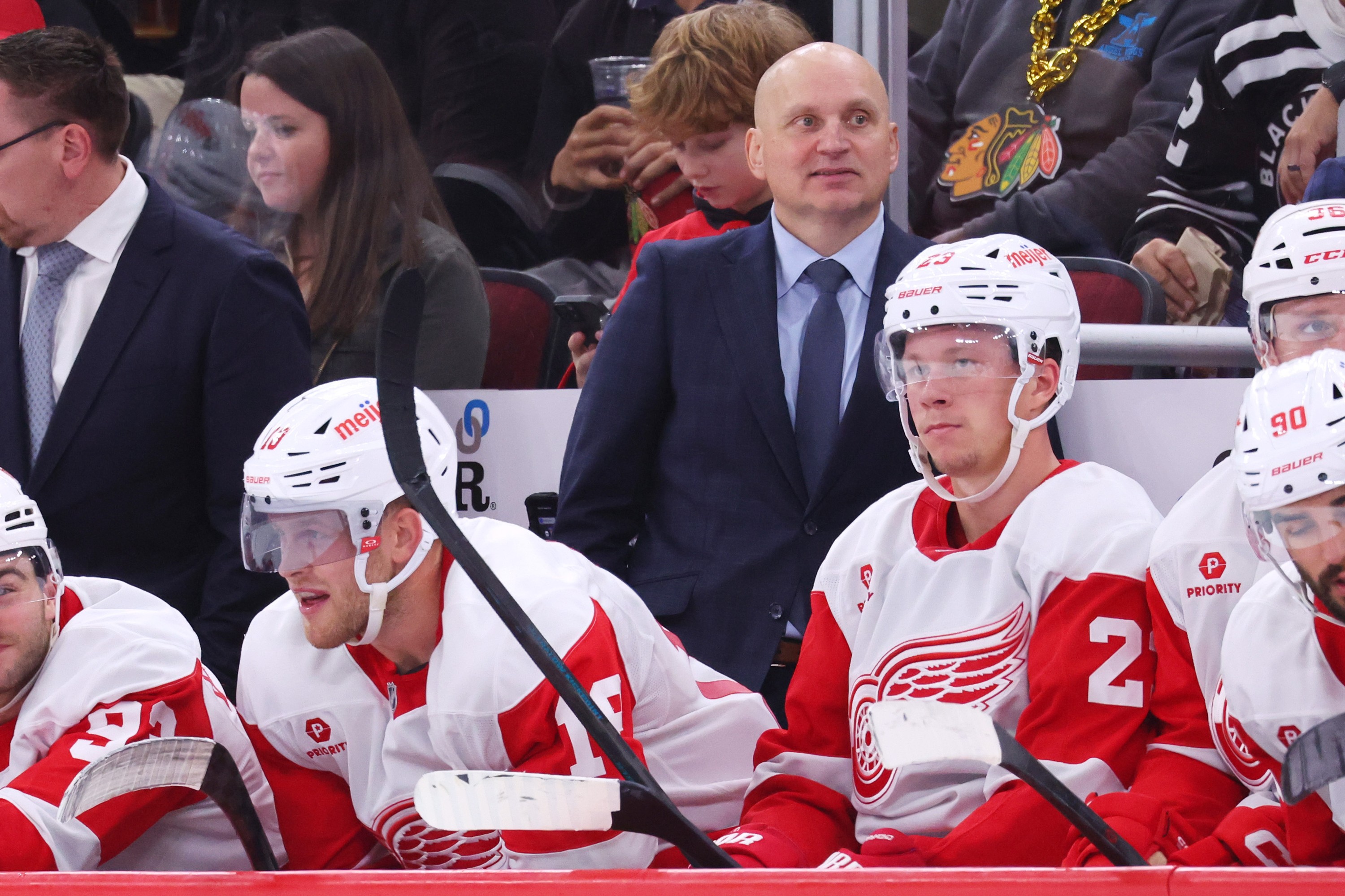 Detroit Red Wings head coach Derek Lalonde looks on during game against the Blackhawks in Chicago on Nov. 6, 2024.