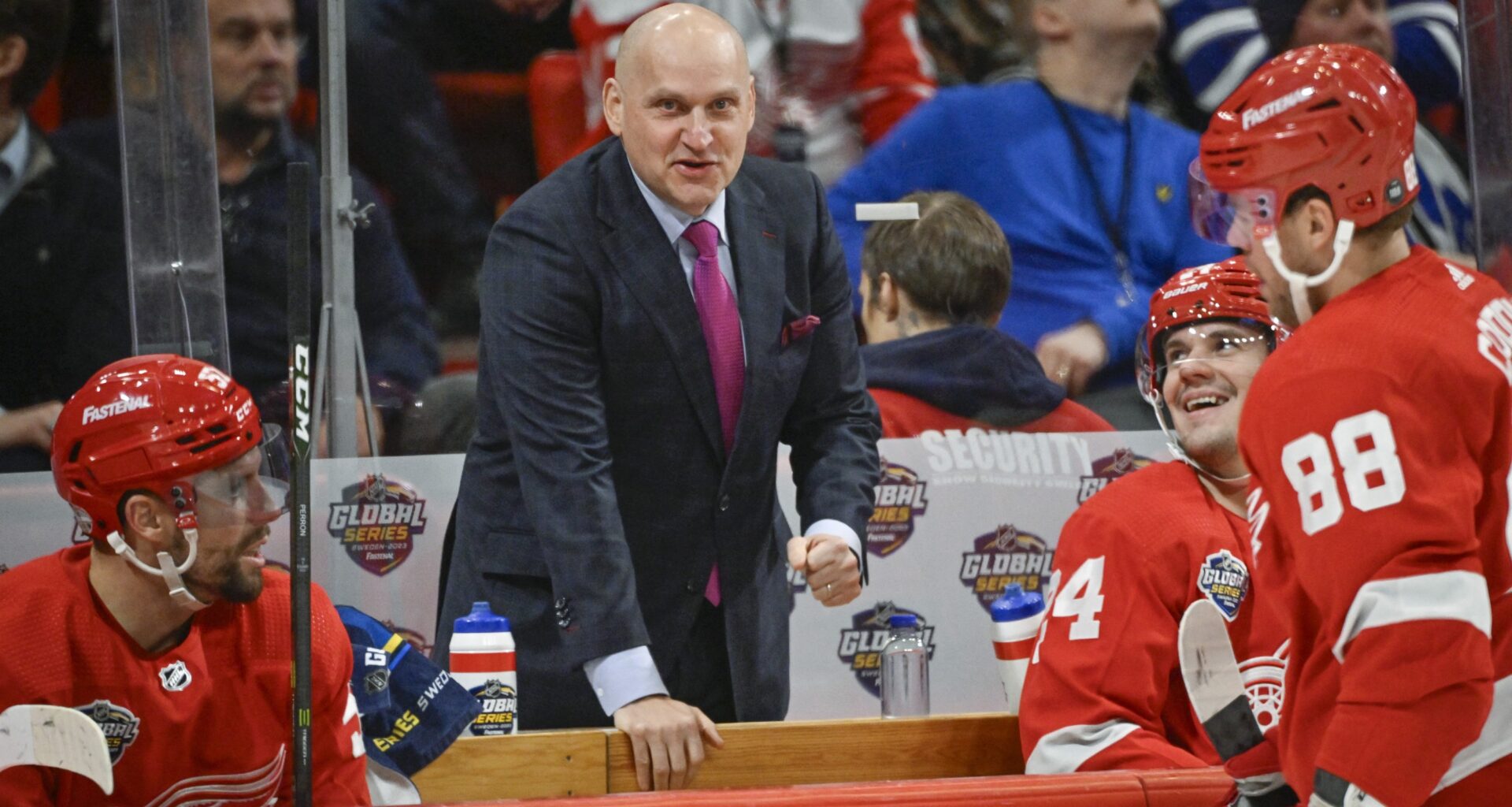 Detroit Red Wings head coach Derek Lalonde follows the action during the NHL Global Series game against the Toronto Maple Leafs in Stockholm on Nov. 17, 2023.